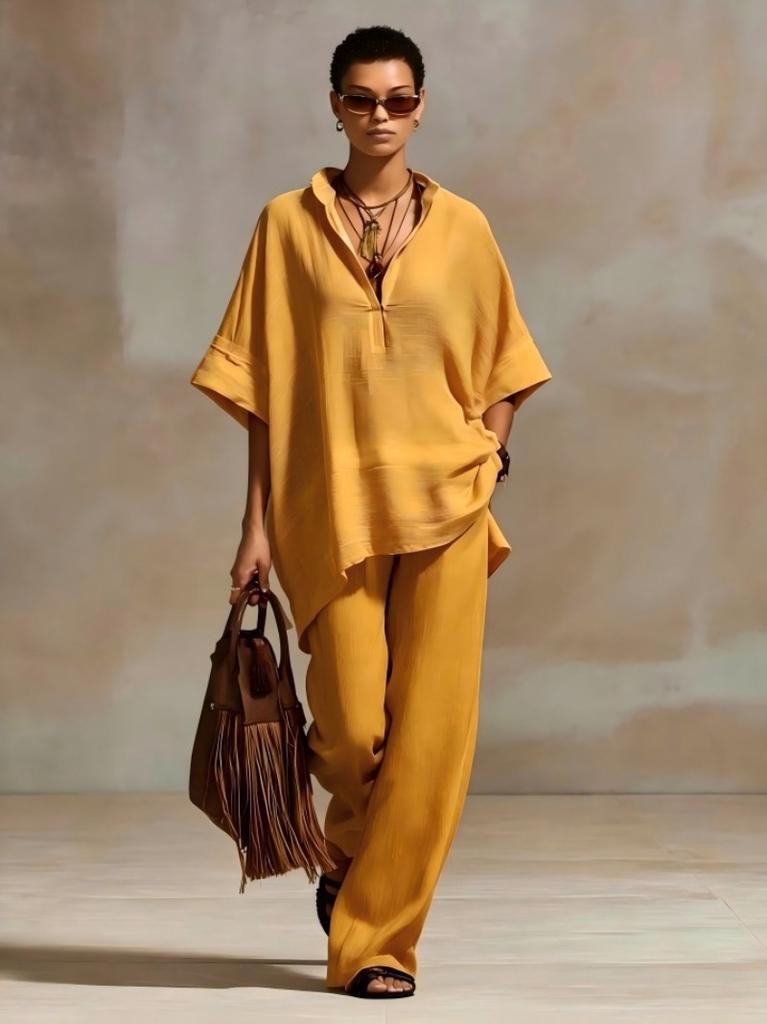 Women's Summer/Fall Casual Relaxed-Fit Solid-Color Shirt and Wide-Leg Pants Set