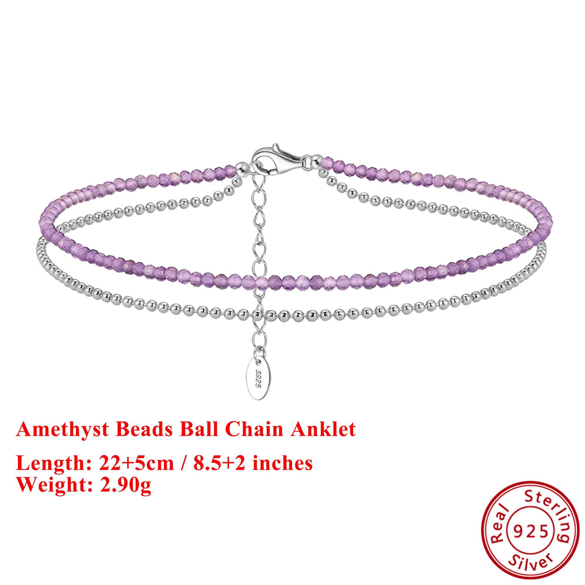 

EFFIE QUEEN 925 Solid Sterling Silver Round Shaped Amethyst Beads Ball Chain Anklet Natural Jewelry for Women Summer Beach SA45