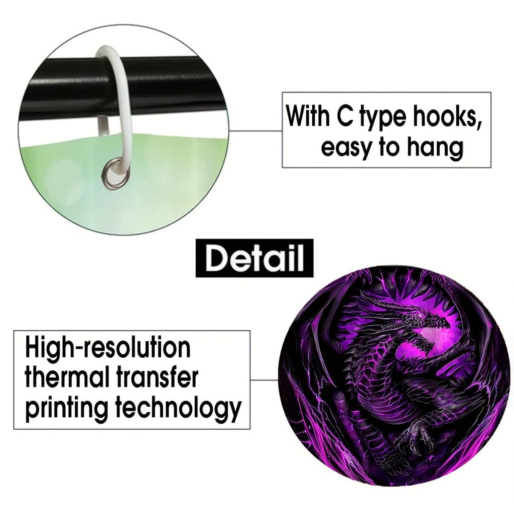 4pcs Dragon Pattern Waterproof Shower Curtain With 12 Hooks Non-Slip Bathroom Rug Toilet U-Shape Mat Toilet Lid Cover Pad