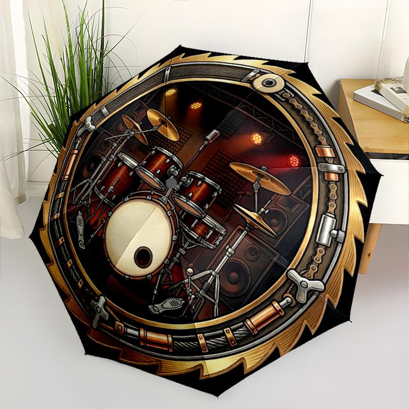 Golden Drum Stage pattern umbrella, portable and foldable design, 8 ribs, a casual accessory for Halloween, Christmas, and birthday gifts.