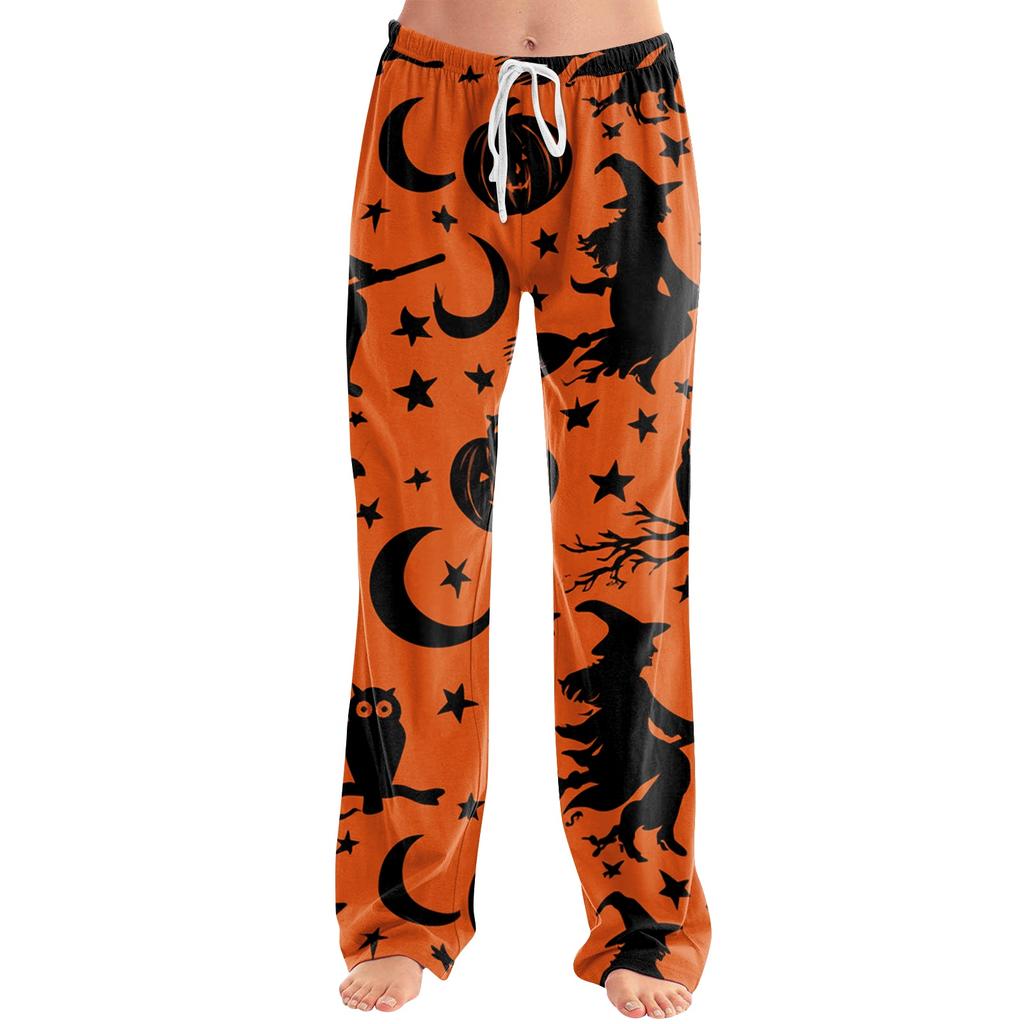 Women Loose Fit Casual Halloween Printed Pants Elastic Waist Relaxed Trousers with Pumpkin Pattern for Daily Wear