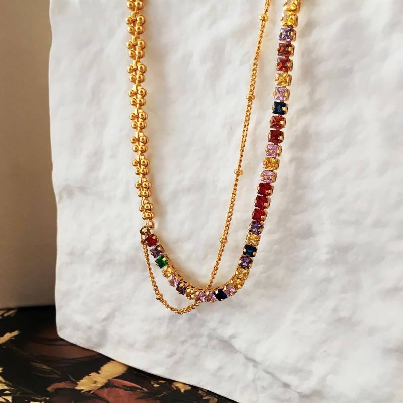 Copper-Plated Gold & Zircon Dazzling Choker Necklace - Elegant Color Block Design for a Luxurious Look.