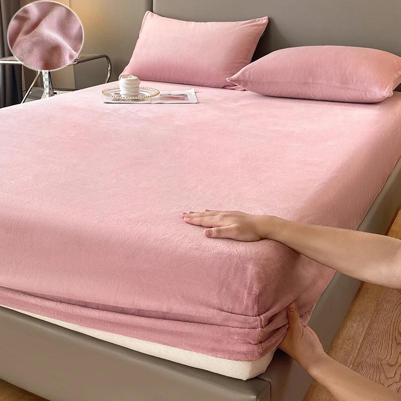 Yumuşak Sıcak Peluş Fitted Sheet Elastik Yatak Örtüsü Kabarık Mercan Polar Yatak Örtüsü Kış Çift Lüks Çift Kişilik Yatak Örtüsü