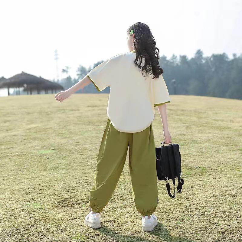 Summer Child Set Clothes Girls Tracksuit Letter T Shirt + Green Sport Ankle-tied Pants Kid Teenager