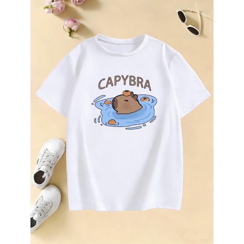 Summer and Spring Children's Swim Cap T-shirt with Capybara Print, Cartoon Short-sleeve Top
