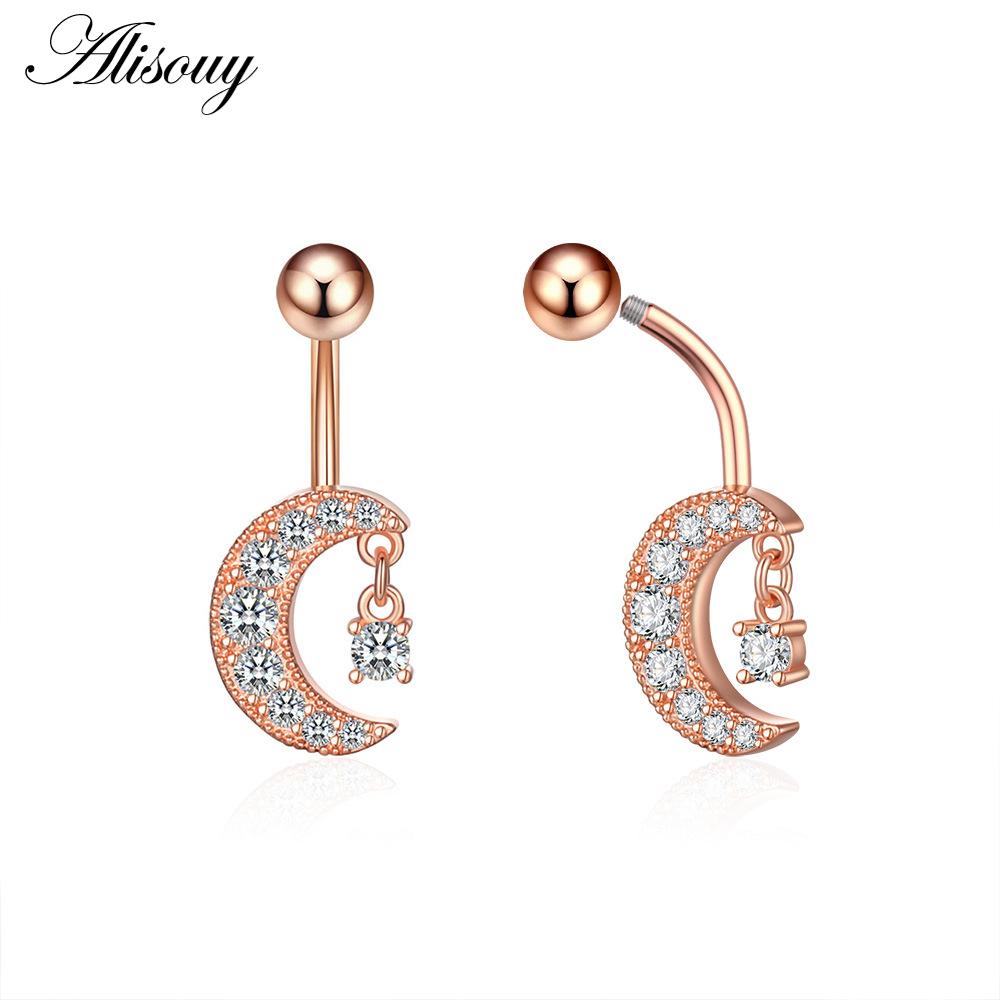 Alisouy 1pc Zircon Sexy Long Belly Ring Star Sun Moon Heart Navel Piercing Surgical Steel Women Belly Button Ring Navel Jewelry