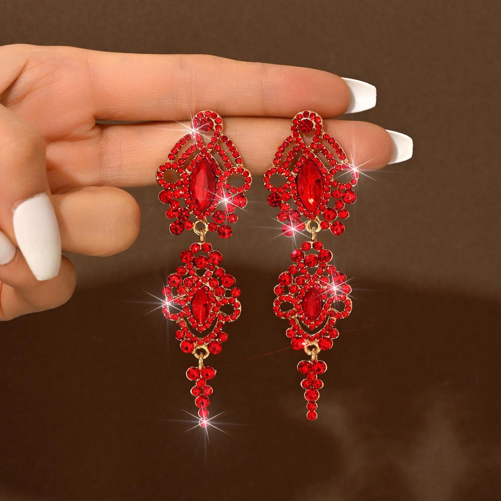 Square Big Red Festive Earrings Wedding High-End Sense Rhinestone Earrings Pendant Temperament Women'S Earrings