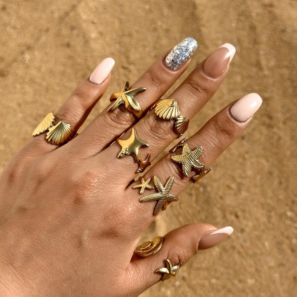Stainless Steel Shell Rings For Women Vintage Gold Color Starfish Conch Adjustable Finger Ring Summer Ocean Beach Party Jewelry