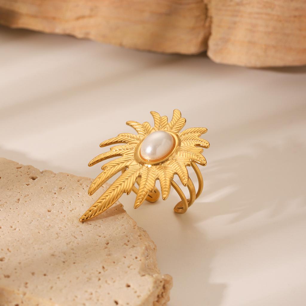 Stainless steel open ring, non-fading exaggerated texture leaf titanium steel ring for women, pearl hand jewelry