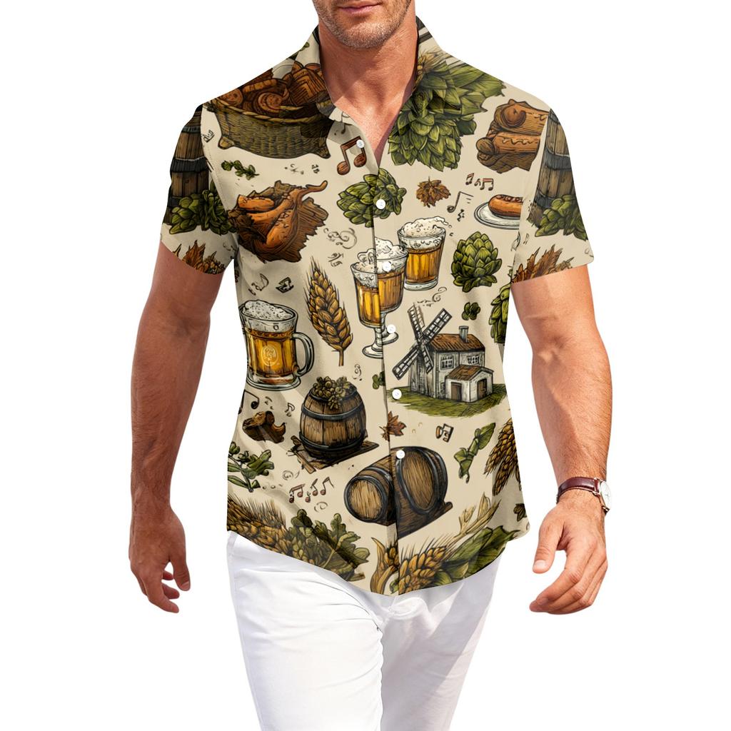 Men's Casual Short Sleeve Button Down Shirt Beer Festival Print Lightweight Breathable Fabric Relaxed Fit Summer Top