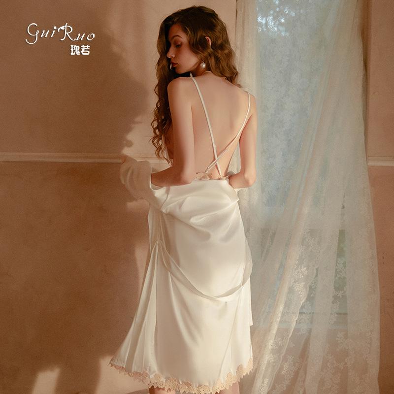 Women's Satin Lace Cami Sleep Dress with Cardigan Long Sleeve Robe Bathrobe Lounge Set