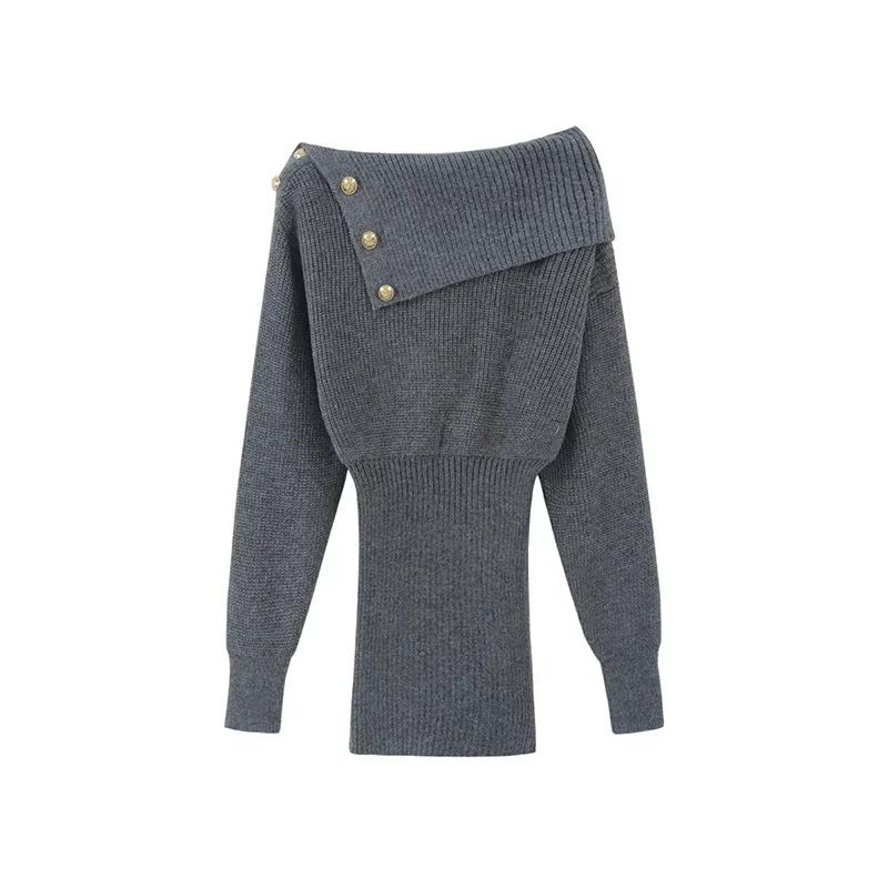 Koreansk stil mini strikket ett stykke kjole kvinner skråhals langermet grå kjoler vintage høst vestidos