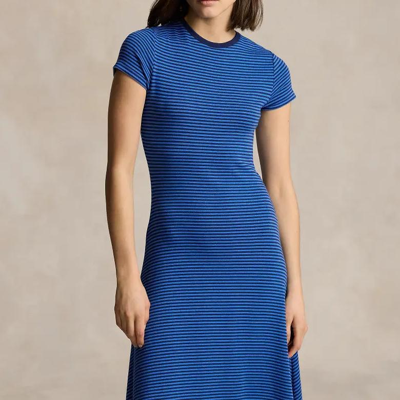 Polo Ralph Lauren Striped Round Neck Waist Cinched Mid-Length Short Sleeve Dress Women Dresses Dark-Blue WMPODRSNFA20664-400