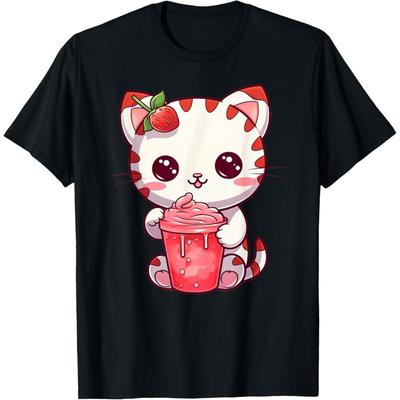 Cute Kawaii Strawcat Anime Strawberry Red Pink Cat Neko Men Women Girls Kids T-Shirt