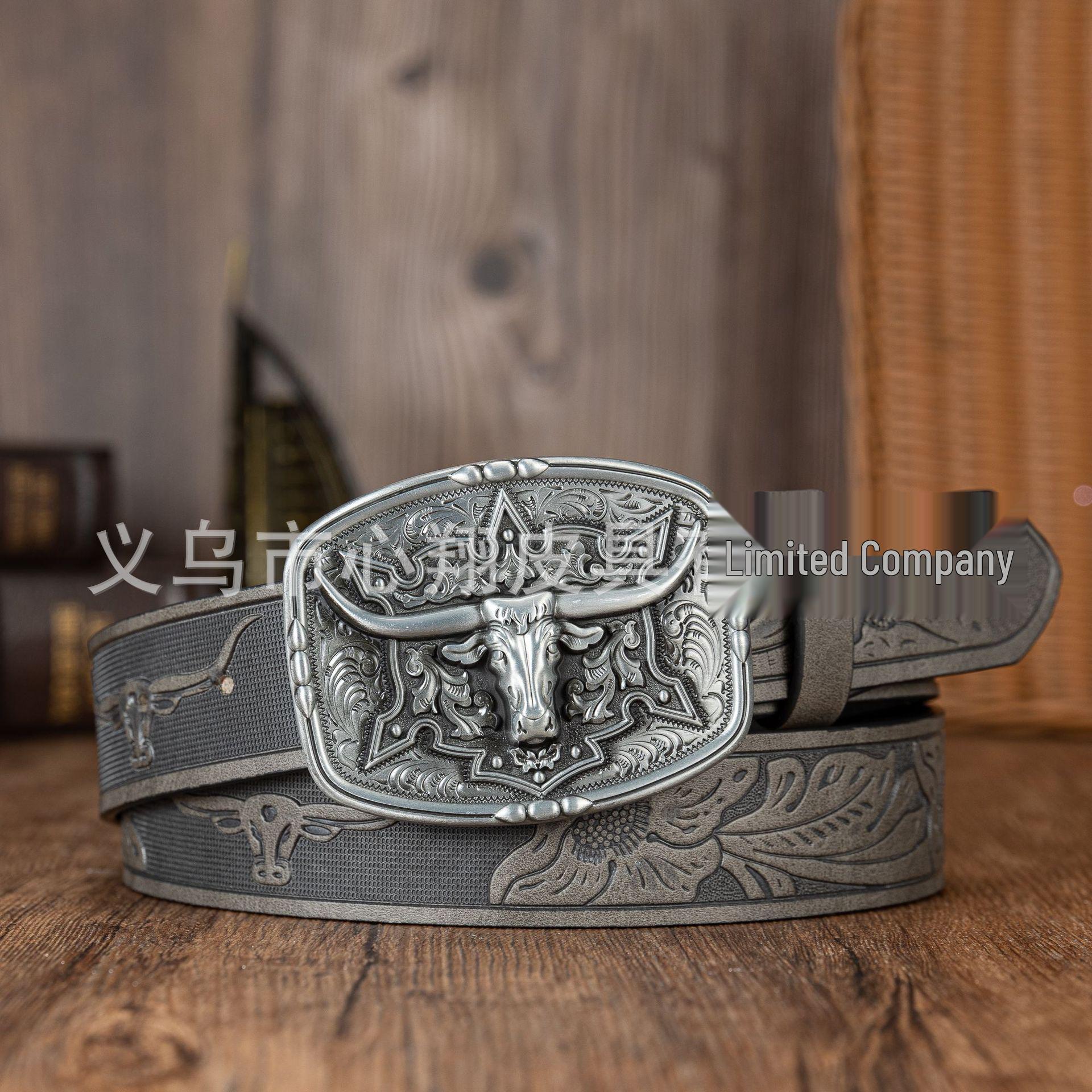 Western Cowboy Zinc Alloy Bull Head Embossed Leather Belt 120cm