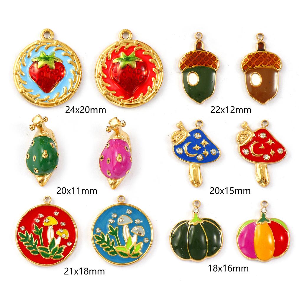 1Piece 304 Stainless Steel Charms 18K Gold Plated Enamel Strawberry Acorn Snail Mushroom Pendant For DIY Necklace Jewelry Making