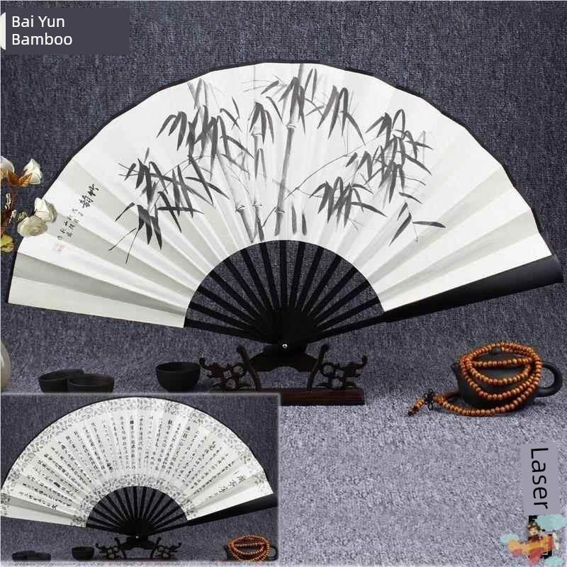 Ancient-Style Wooden Classical Dance Dual-Purpose Paper Fan, Durable Wooden Folding Fan, Chinese-Style Retro Bamboo Folding Fan for Men