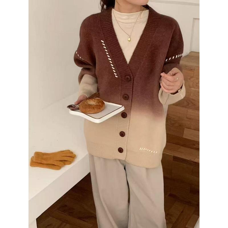 Versatile gradual change knitted cardigan autumn and winter new loose casual lazy wind sweater jacket women