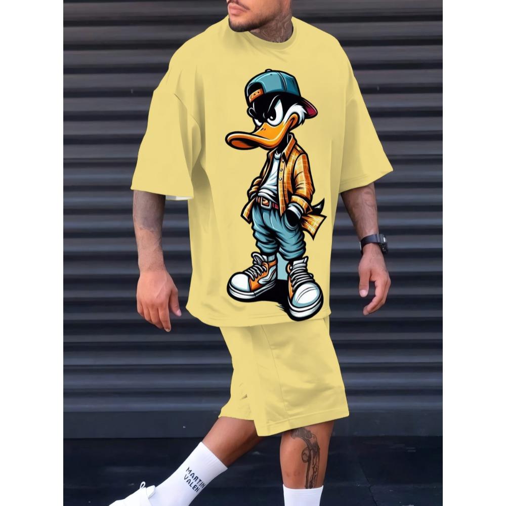 Summer Men's Suit Features an Interesting Cartoon Duck Print Casual and Fashionable Polyester Wear