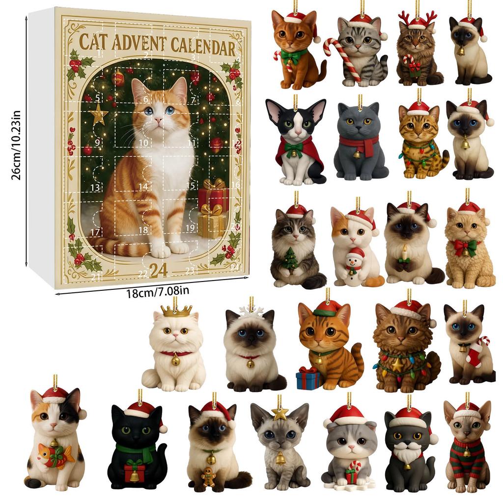 Cat Advent Calendar 2025 24 Days Christmas Countdown With 24 Different Breeds 2D Acrylic Cute Kitten Christmas Tree Ornaments