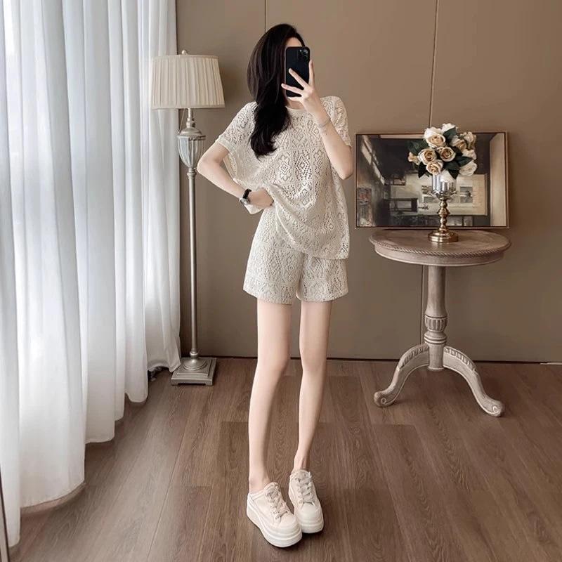 

Summer Petite Luxurious Casual Women s Slimming Plus Size Lace-Feel Two-Piece Set: Top & Shorts M [80-100 lbs recommendation]