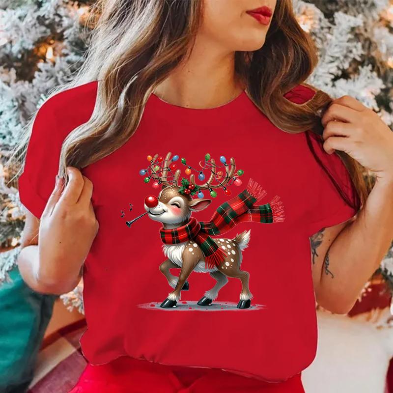 New Christmas Elk Printed T-Shirts Men Women Summer Tee Shirt Femme Casual Elk Short Sleeve Round Neck Tops Christmas T-Shirts