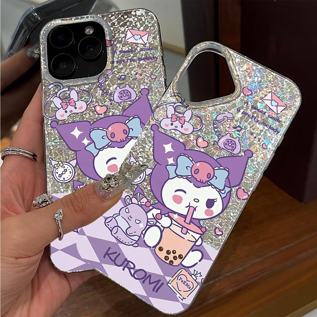 Case for iphone 11 16 Plus XS Max 17 Pro 15 Air 13 18 Pro Max XR 12 14 Kuromi Drinking Milk Tea Sparkle Crackle Foil Acrylic TPU Phone Case