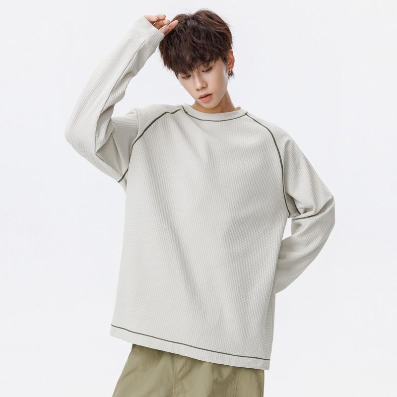 Mens Waffle Knit Long Sleeve T-Shirt Casual Sports Color Block Round Neck Top
