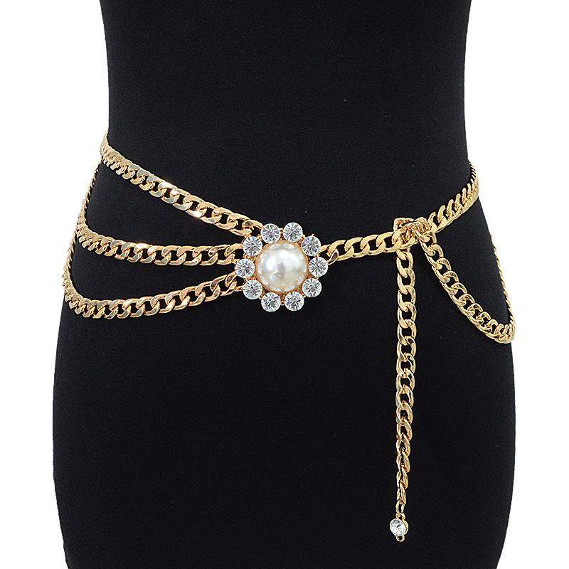 Meier Belt - slim fit, rhinestone embellished, pearl buckle, metal chain waist chain 60-90cm золотой