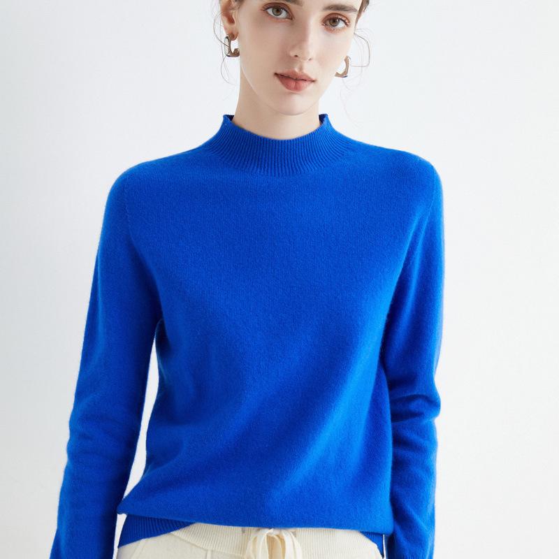 Damen Nahtloser 100% Wollpullover Langarm mit Halbhohem Kragen für Herbst/Winter