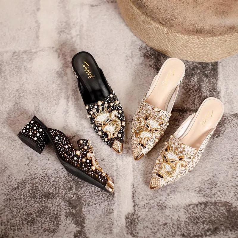 High End Summer Women Shoes High Heels Sandals Hollow Bling Pearl Rhinestone Fox Slipper Beautiful Street Trend Pumps