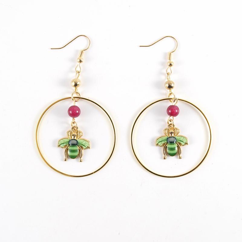 Rust-proof Gold Plated Hoop Dangle Earrings Enamel Bee Charm Red Bead Accent for Women Casual Daily Wear Gift