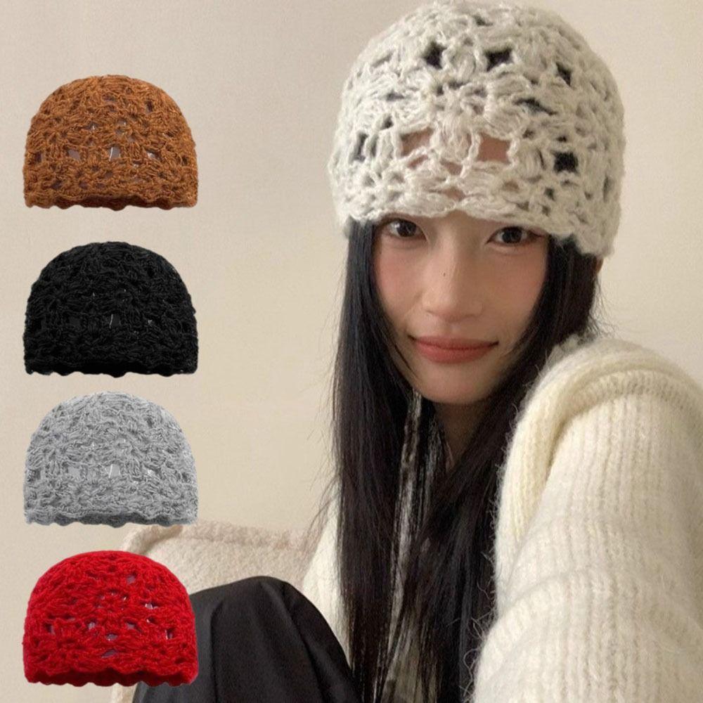 Solid Color Knitted Pullover Hat Hollow Beanies Cap Cute Crochet Flower Hat  Girls