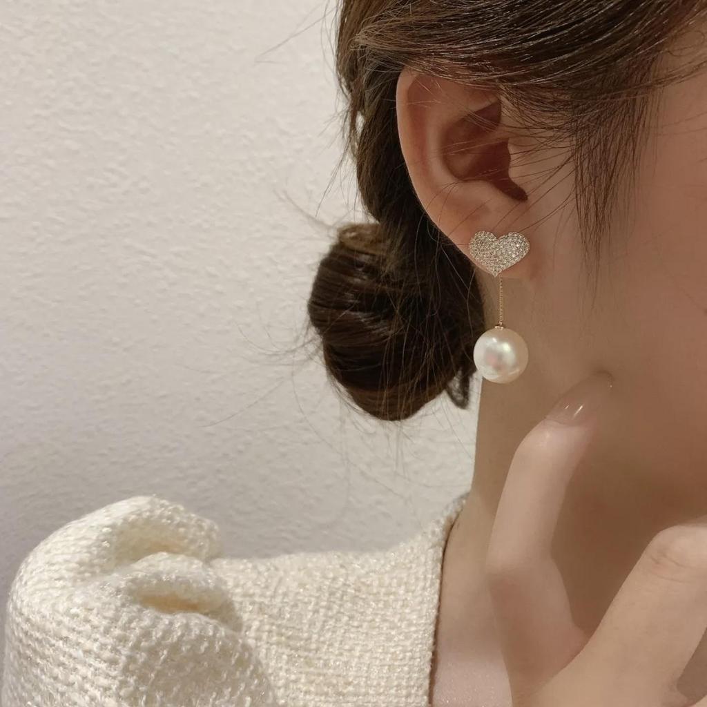 925 Silver Heart-Shaped Pearl Earrings - Retro TikTok Style