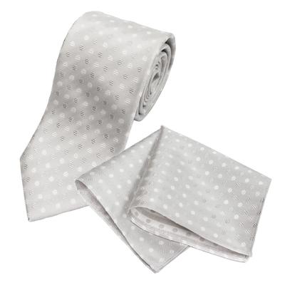 Gran Creer Tie and Pocket Square Wedding Made In Fujiyama Gran Creer X White Set, Formal, Silk, Japan, Weave, (Dots Silver)