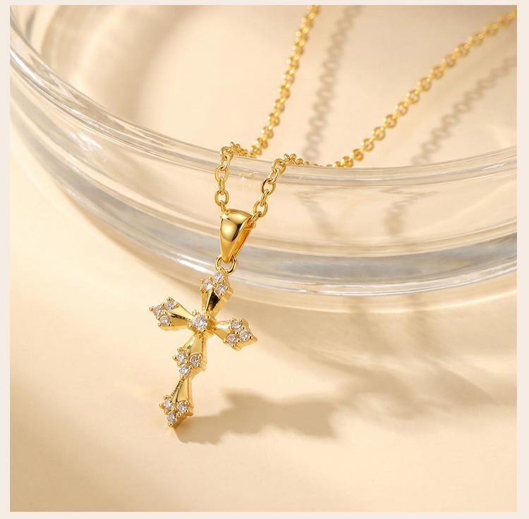 Elegant French Vintage Cross Necklace with Zircon for Women, Gold Plated Baroque Crucifix Thin Link Chain Religious Gift