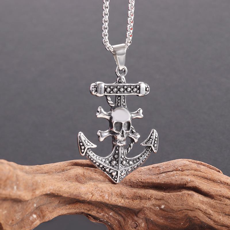 Punk Style Trendy Boat Anchor Necklace with Retro Skull Pattern Stainless Steel Pendant Necklace for Men