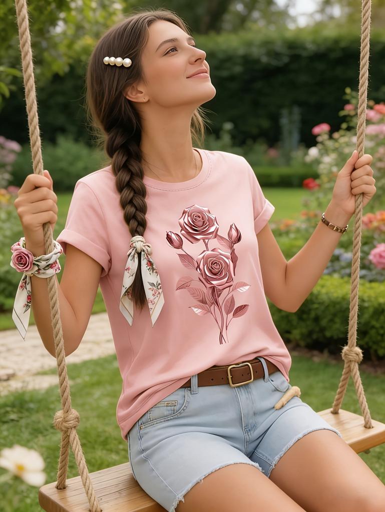 Fashion Women Rose Printed T-Shirt O-Neck Short Sleeve T-Shirt Simple Design Versatile Daily Wear Elegant Style Women Clothing