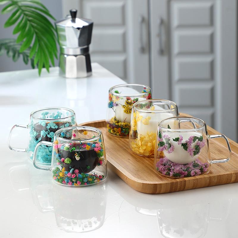 Real Flower Double-Layer Glass High Value Gift Coffee Cup High Borosilicate Simple Cup