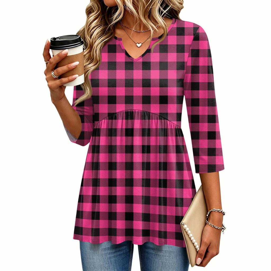Women's Casual Plaid Print V-Neck Blouse with Three-Quarter Sleeves for Everyday Outfits