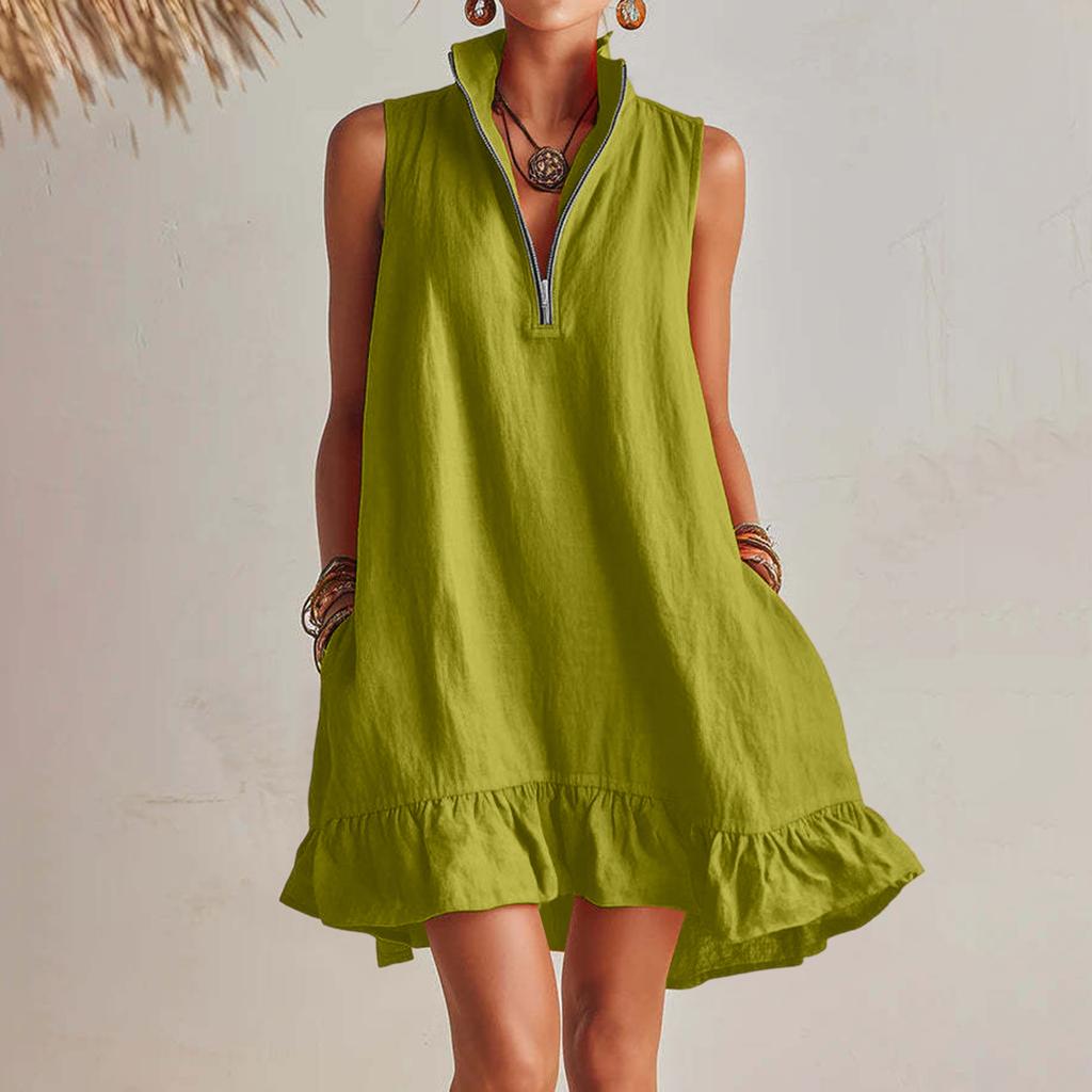 Women's Sleeveless V Neck Zip Front Summer Dress Loose Fit Ruffle Hem Casual Lightweight Linen Mini Dress