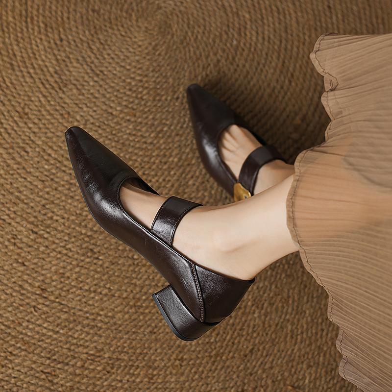 Vintage Women Pointed Toe Mary Jane Shoes Fashion Shallow Thick Heel Spring Autumn Wedding Party Shoes One Kick Zapatos Mujer