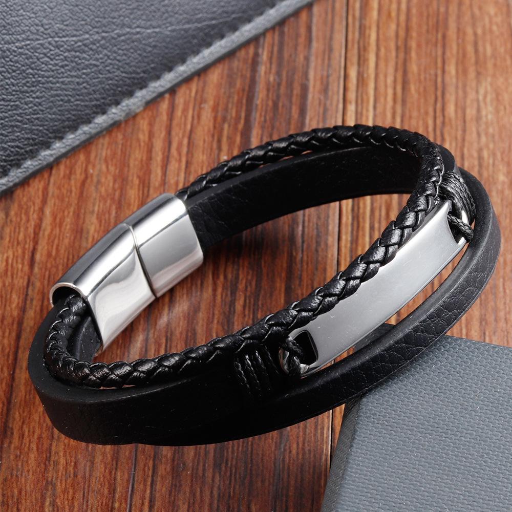 2026 Black Leather Rope Cowhide Men's Double Layer Genuine Leather Woven Bracelet Handmade Multi-Layer Leather Bracelet