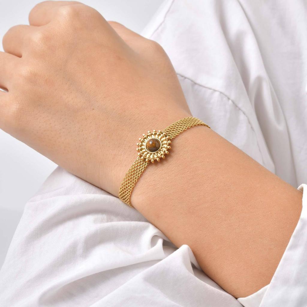 Natural Tiger'S Eye Stone Jewelry Premium Wind Mesh Strap Chain Stainless Steel Plated 18K Gold Bracelet Women