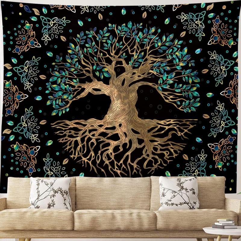 VIKAMA Tree of Life Black Gold Tapestry Blue-Green Gradient Esoteric Artwork Living Room & Bedroom Feature Wall Decoration