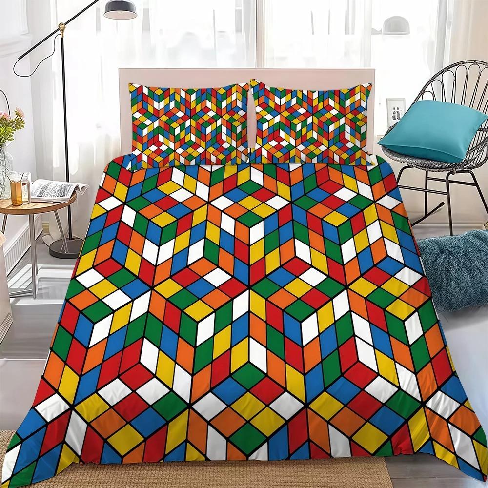 Superbe Ensemble de Housse de Couette et Taie d'Oreiller Imprimé 3D Cube Rubik Literie Simple/Jumeau/Grand Lit/Queen Size Décoration de Chambre 2/3 pièces 135x200cm (3pcs)
