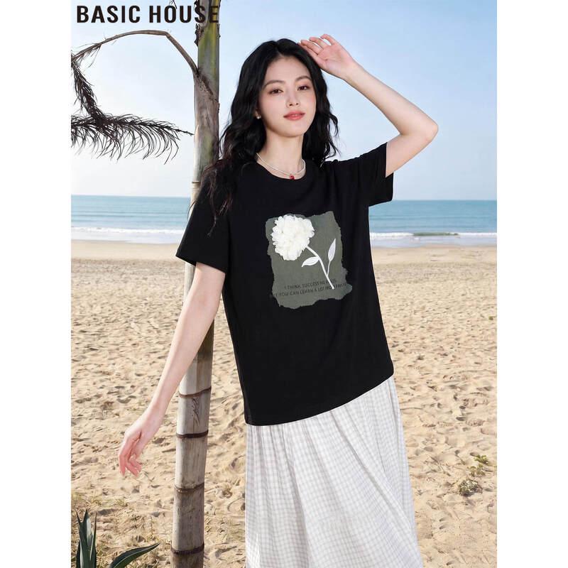 Basic House Women s Printed Round Neck Short Sleeve T-Shirt S