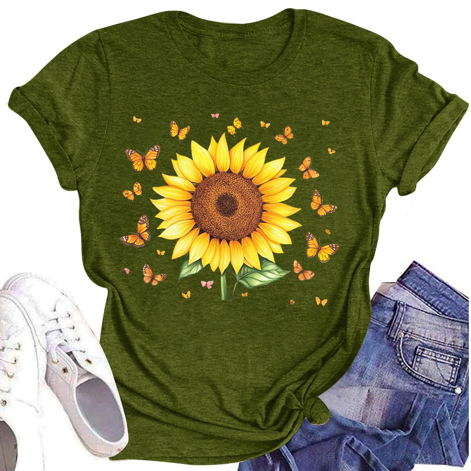 

Женская повседневная футболка с круглым вырезом и цветочным принтом, короткий рукав L армия зеленый