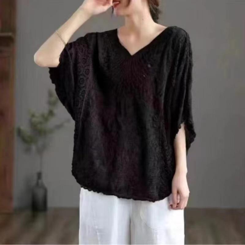 

Хлопковый зарубежный стиль, кружевной топ с v-образным вырезом и вышивкой, женская свободная большая солнцезащитная блузка, праздничный стиль снаружи one size чёрный
