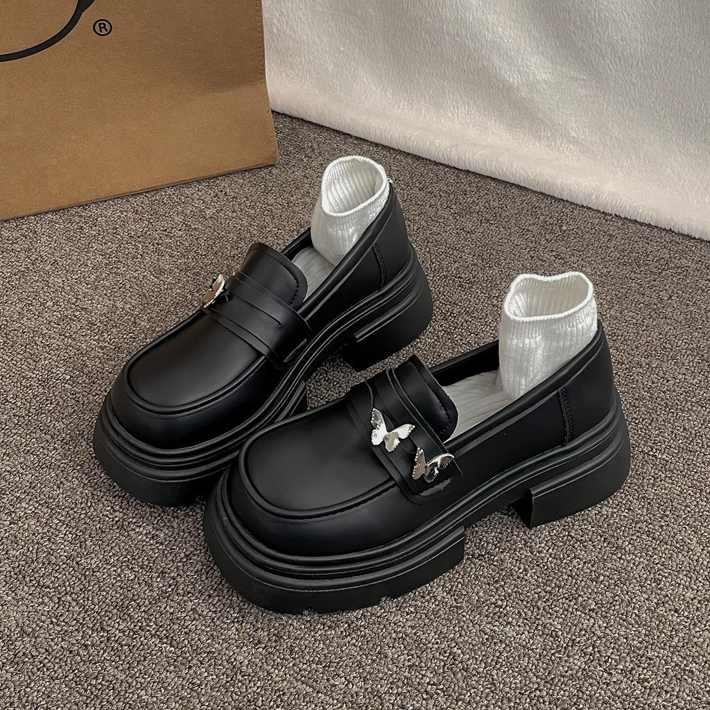 Black retro small man thick-soled heightening small leather shoes women's 2025 new summer British style with skirt loafers
